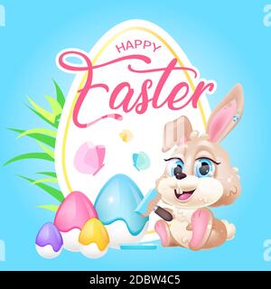 Cute Easter rabbit kawaii character social media post mockup. Happy Pascha lettering. Positive poster, card template with hare animal. Pysanka making Stock Photo
