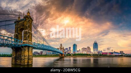 Panoramic view of John A. Roebling Suspension Bridge over the Ohio River and downtown Cincinnati skyline Stock Photo