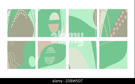Set of fun hand drawn colorful shapes, doodle objects, lines and dots collage, modern trendy abstract pattern background for design banners. Green gra Stock Photo