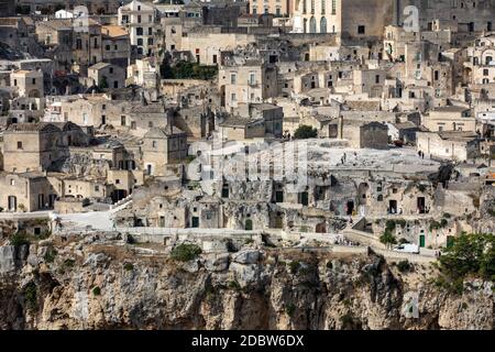 Panoramic view of Sassi di Matera a historic district in the city of Matera, well-known for their ancient cave dwellings from the Belvedere di Murgia Stock Photo