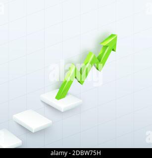 3d vector green arrow graph with steps up on white background Stock Vector