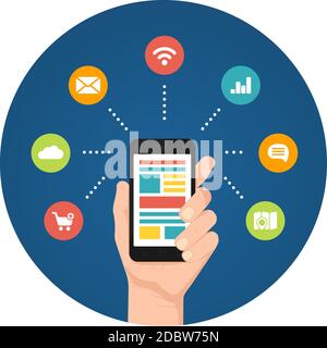 Smartphone apps infographics with a hand holding a phone with linked circular icons for shopping  cloud computing mail wifi analytics speech and route Stock Vector