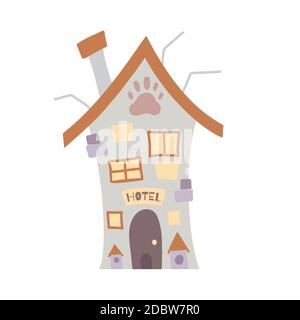 Hotel for pets. Home for homeless animals. Flat cartoon house with a doghouse on a white background. Vector colorful architectural object for animatio Stock Vector