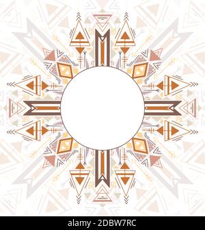 Vertical card with tribal geometric mandala and place for text. Color native ornament on white background. Mystical pattern. Vector colorful folk temp Stock Vector