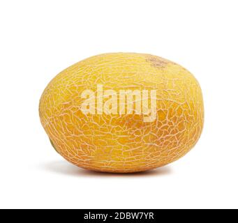 round yellow ripe melon isolated on white background, close up Stock Photo