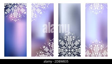 Set of vertical cards with tribal decoration on a blurred background. Vector objects with folk mystic patterns for yoga studios, business cards, banne Stock Vector
