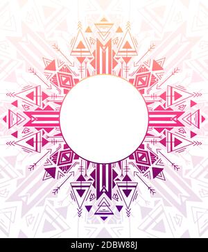 Vertical card with tribal geometric mandala and place for text. Color native ornament on white background. Mystical pattern. Vector colorful folk temp Stock Vector