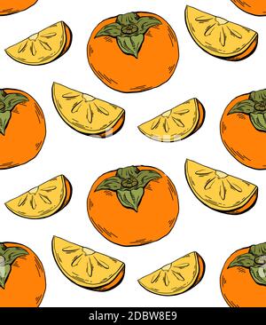 Persimmon color sketch seamless contour pattern on white background. Healthy food with fruits and slices. Vector colorful texture for fabrics, wallpap Stock Vector