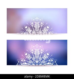 Set of horizontal cards with tribal decoration on a blurred background. Vector objects with folk mystic patterns for yoga studios, business cards, ban Stock Vector