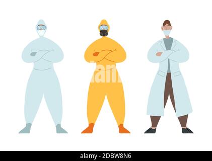 Set of various flat infectious disease doctors. Viral suits of protection. Modern heroes. Vector people for greeting cards, banners and your creativit Stock Vector
