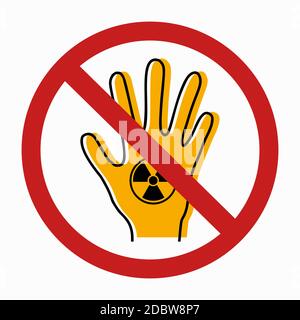 Dangerous dose of radiation of limbs. Contour silhouette of hand with icon radiation and yellow silhouette in red prohibition sign. Danger of exposure Stock Vector