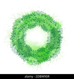 Round frame with white silhouettes of branches with leaves and green watercolor splashes and spray. Delicate circle border. Vector template for invita Stock Vector