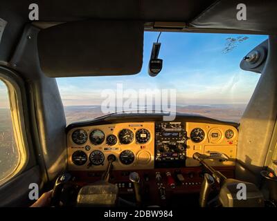 Cessna cockpit interior from pilot point of view Stock Photo