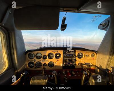 Cessna cockpit interior from pilot point of view Stock Photo