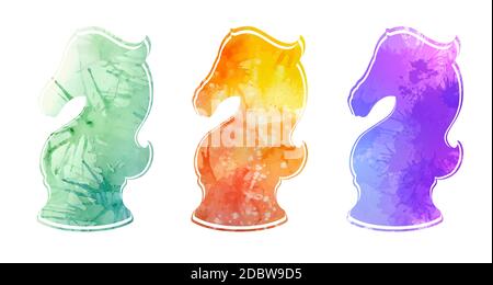 Set of contour knight chess horses with neon watercolor splashes. Proud mustang mascot. Symbol of smart play. Contour watercolor object for logos, ico Stock Vector