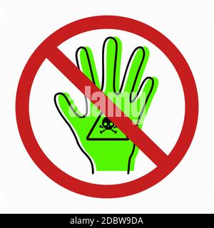 Danger pf poisoning a person. Intoxication of limbs. Contour silhouette of hand with poison icon and green silhouette in red prohibition sign. Danger Stock Vector