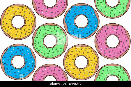 Seamless colorful contour pattern with donuts top view with colorful sprinkles and glaze. Bakery sweet pastries. Vector color outline texture for wall Stock Vector