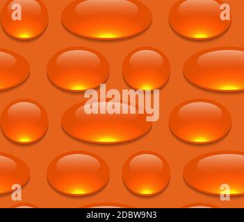 Seamless cartoon pattern with medicine pills and drugs in row on orange background. Capsules with fish oil. Vector texture for fabrics, backgrounds an Stock Vector