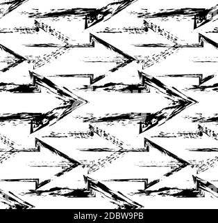 Seamless pattern of grunge right arrows. Black silhouette with scuffs and scratches. Vector texture with pointers for wallpaper, fabrics and your crea Stock Vector