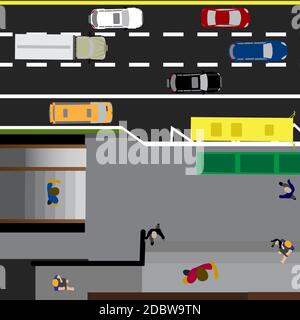 Plot road, highway, street, with the store. Underground crossing. Crossroads. Bus stop. With different cars. Top view of the highway. Vector illustrat Stock Photo