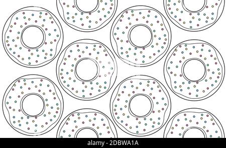 Seamless contour pattern with donuts top view with colorful sprinkles and glaze. Bakery sweet pastries. Vector outline texture for wallpapers, backgro Stock Vector
