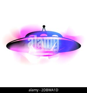 Black silhouette of a UFO with neon colorful paint stroke. Flying saucer. Unknown flying object. Vector object with color stains of paint for logos, c Stock Vector