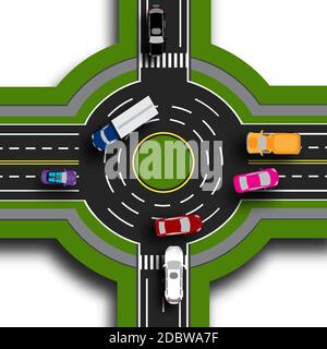 Road infographics. Top view 3d. Road interchange, roundabouts. This shows the movement of cars. Sidewalks and crossings. Vector illustration Stock Photo