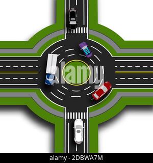 Road infographics. Top view 3d perspective. Road interchange, roundabouts. This shows the movement of cars. Sidewalks and crossings. Vector illustrati Stock Photo