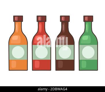 Set of bottles with hot sauce. Seasoning for food. Vector cartoon object for recipes, menus, banners and your design. Stock Vector