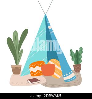 Flat illustration of blanket house with pillows, book and home plants. Stay home. Game for adults and children. Blanket fortress. Vector object for an Stock Vector