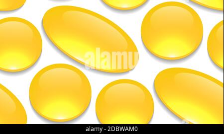 Seamless cartoon pattern with medicine pills and drugs on a white background. Capsules with fish oil. Vector texture for fabrics, backgrounds and your Stock Vector