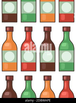 Seamless texture of glass bottles of various hot sauce in row on a white background. Seasoning for food. Vector pattern for fabrics, menus, wallpapers Stock Vector