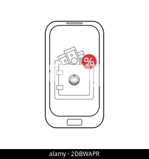 Online deposits. Mobile banking. Outline illustration of mobile phone with strongbox, with money and percents. Vector contour element for icons, banne Stock Vector