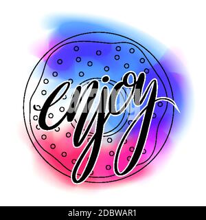 Enjoy. Contour illustration of donut with neon multicolored color spots and lettering. Bakery bun with sprinkling, glazing and stains of paint. Vector Stock Vector