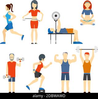 Set of colored vector icons of people exercising at the gym and fitness icons with weight lifting  bodybuilding  running  jogging  yoga and weight los Stock Vector