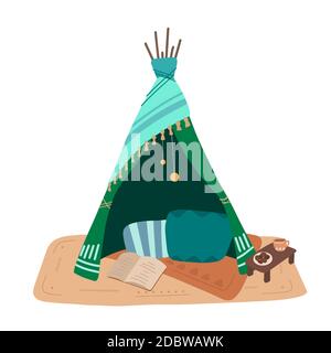 Flat illustration of blanket house with pillows, a garland and tea with cookies. Stay home. Game for adults and children. Blanket fortress. Vector obj Stock Vector