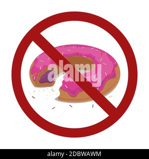 Glazed donut in prohibition sign. The danger of harmful fatty foods. Ban on fast food. Vector forbidden sign for stickers, icons, badges and your desi Stock Vector