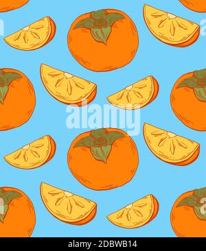 Persimmon color sketch seamless contour pattern on blue background. Healthy food with fruits and slices. Vector colorful texture for fabrics, wallpape Stock Vector
