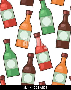 Seamless texture of glass bottles of various hot sauce on a white background. Seasoning for food. Vector pattern for fabrics, menus, wallpapers and yo Stock Vector