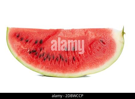 sliced piece of ripe juicy watermelon with brown seeds isolated on white background, summer berry Stock Photo