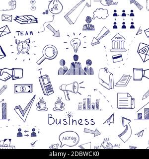 Doodle sketch business icon seamless pattern with financial  teamwork  management  graphs and charts  handshake  brainstorming  documents and mail ico Stock Vector