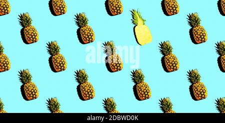 Seamless pattern with summer decoration of ripe pineapple with shadow. Tropical style concept background, wrapper, layout or mockup. Stock Photo