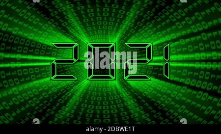 Year change 2021 - glowing green year digits in digital font - abstract background of binary code in green color Stock Photo