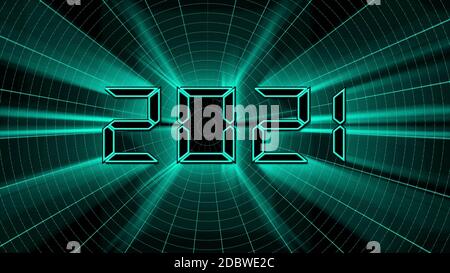 Year change 2021 - glowing white year digits in digital font - abstract grid background in black and white with binary code in the dark Stock Photo