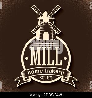 Bakery Stylish Poster with cartoon of mill on black background vector illustration Stock Vector