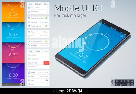 Mobile ui kit design concept for task manage with colorful backgrounds flat vector illustration Stock Vector