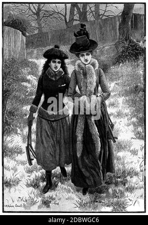 The Christmas Walk: two ladies in late Victorian costume walk down a snowy lane carrying ice skates. From an1889 story. Stock Photo