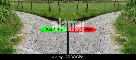 Road sign of right versus wrong decision on country road with meadow background Stock Photo