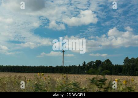 GSM transceiver tower in the country, base transceiver station (BTS), cellular technology. Concept global networking Stock Photo