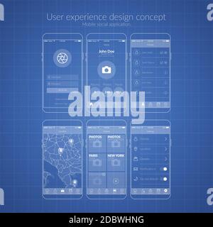 Mobile social application user experience design concept in blue color flat isolated vector illustration Stock Vector
